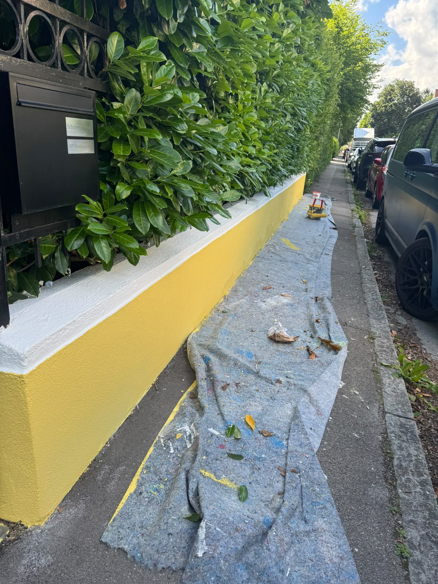 Frisch gestrichene Außenmauer neben einer Hecke – Aufnahme aus unseren Arbeiten